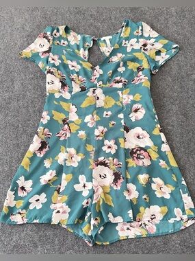 Leith Nordstrom Teal Floral Sweetheart Romper – Size Large